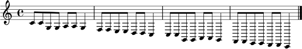 \relative c' { \time 4/4 c8 c g g a a g4 | f8 f e e d d c4 | c8 c g g a a g4 | f8 f e e d d c4 \bar "|." }