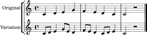 \version "2.24.0"
\score {
\new StaffGroup <<
\new Staff \with { instrumentName = "Original" } \relative c' { \clef treble \key c \major \time 4/4 c4 d e g | f e d c | c2 r2 \bar "||" }
\new Staff \with { instrumentName = "Variation" } \relative c' { \clef treble \key c \major \time 4/4 c8 d e4 g8 e d4 | f8 e d4 c8 d e4 | c2 r2 \bar "|." }
>>
\layout { }
\midi { }
}