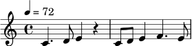 \relative c' {
\time 4/4
\tempo 4 = 72
c4. d8 e4 r4 |
c8 d8 e4 f4. e8 |
}