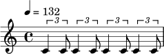 \relative c' {
\time 4/4
\tempo 4 = 132
\repeat unfold 4 { \tuplet 3/2 { c4 c8 } }
}