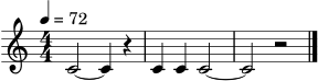 \version "2.22.0"
\header { tagline = "" }
\score {
\new Staff {
\numericTimeSignature
\time 4/4
\tempo 4 = 72
c'2~ c'4 r4 | c'4 c'4 c'2~ | c'2 r2 \bar "|."
}
\layout { }
\midi { }
}