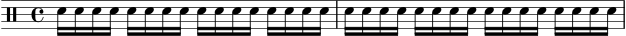 
\header { tagline = "" }
\score {
  \new DrumStaff \drummode {
    \time 4/4
    sn16 sn sn sn sn sn sn sn sn sn sn sn sn sn sn sn |
    sn16 sn sn sn sn sn sn sn sn sn sn sn sn sn sn sn |
  }
  \layout { }
  \midi { \tempo 4 = 72 }
}
