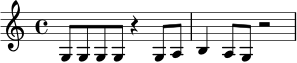 
\relative c' {
  \time 4/4
  g8 g g g r4 g8 a |
  b4 a8 g r2
}
