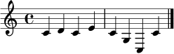 \relative c' { \clef treble \time 4/4 c4 d c e | c g c, c' | \bar "|." }
