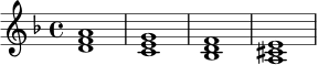\relative c' {
\key d \minor
\time 4/4
<d f a>1 |
<c e g>1 |
<bes d f>1 |
<a cis e>1 |
}