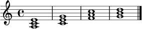 \relative c' {
\time 4/4
<a c e>1 |
<c e g>1 |
<f a c>1 |
<g b d>1 |
\bar "|."
}