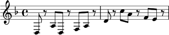 \relative c {
\key d \minor
\time 4/4
d8 r8 a'8 d,8 r8 f8 a8 r8 |
d8 r8 c'8 a8 r8 f8 e8 r8 |
}