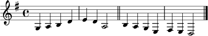 \relative c' {
\key g \major
\time 4/4
g4 a b d | e4 d a2 \bar "||"
b4 a g e | fis4 e d2 \bar "|."
}