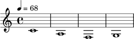 
\relative c' {
  \key c \major
  \time 4/4
  \tempo 4 = 68
  c1 |
  a1 |
  f1 |
  g1 |
}
