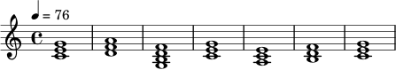 {
\clef treble
\time 4/4
\key c \major
\tempo 4 = 76
<c' e' g'>1
<d' f' a'>1
<g b d' f'>1
<c' e' g'>1
<a c' e'>1
<b d' f'>1
<c' e' g'>1
}