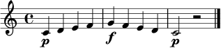 \relative c' {
\clef treble
\time 4/4
c4\p d e f | g4\f f e d | c2\p r2 \bar "|."
}