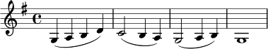 
\relative c' {
  \key g \major
  \time 4/4
  g4( a b d) | c2( b4 a) | g2( a4 b) | g1
}
