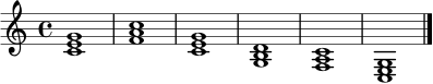 \relative c' {
\key c \major
\time 4/4
<c e g>1 | <f a c>1 | <c e g>1 | <g b d>1 | <f a c>1 | <c e g>1 \bar "|."
}