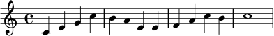 \relative c' { \clef treble \key c \major \time 4/4 c4 e g c | b a e e | f a c b | c1 }