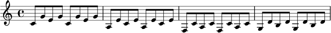 \relative c' {
\key c \major
\time 4/4
c8 g' e g c, g' e g |
a, e' c e a, e' c e |
f, c' a c f, c' a c |
g d' b d g, d' b d
}