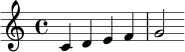 \new Staff { \clef treble c'4 d'4 e'4 f'4 g'2 }
