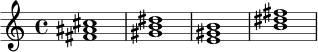 \language "deutsch"
\chordmode {
\time 4/4
fis1 gis1:m e1 h1
}