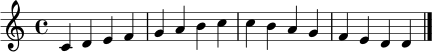 \relative c' {
\clef treble
\key c \major
\time 4/4
c4 d e f | g4 a b c | c4 b a g | f4 e d d \bar "|."
}