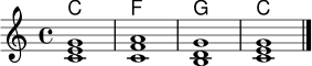 
<<
  \new ChordNames \chordmode {
    c1 f g c
  }
  \new Staff {
    \key c \major
    \time 4/4
    <c' e' g'>1 | <c' f' a'> | <b d' g'> | <c' e' g'> \bar "|."
  }
>>
