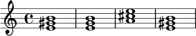 
\relative c' {
  \time 4/4
  <e gis b>1 | <e g b>1 | <a cis e>1 | <e gis b>1
}
