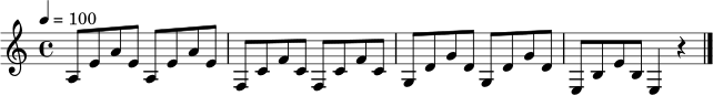 \relative c' { \set Staff.midiInstrument = "synth strings 1" \time 4/4 \key a \minor \tempo 4 = 100 a8 e' a e a, e' a e | f, c' f c f, c' f c | g d' g d g, d' g d | e, b' e b e,4 r \bar "|." }