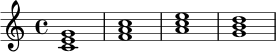 
\relative c' {
  \time 4/4
  \key c \major
  <c e g>1 |
  <f a c>1 |
  <a c e>1 |
  <g b d>1 |
}
