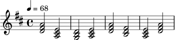 \relative c' {
\key d \major
\time 4/4
\tempo 4 = 68
<d fis a>2 <a cis e>2 |
<g b d>2 <a cis e>2 |
<d fis a>2 <b d fis>2 |
<a cis e>2 <d fis a>2
}