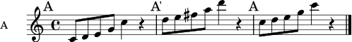 \score {
\new Staff \with { instrumentName = "A" } {
\relative c' {
\clef treble
\key c \major
\time 4/4
\mark \markup { A }
c8 d e g c4 r4
\mark \markup { A' }
d8 e fis a d4 r4
\mark \markup { A }
c,8 d e g c4 r4
\bar "|."
}
}
\layout { }
\midi { \tempo 4 = 88 }
}