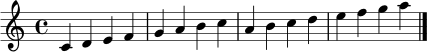 \relative c' {
\key c \major
\time 4/4
c4 d e f g a b c
a b c d e f g a
\bar "|."
}