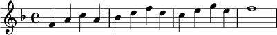 \relative c' {
\key f \major
\time 4/4
f4 a c a | bes4 d f d | c4 e g e | f1
}