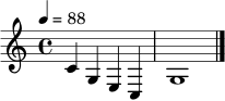 \relative c' { \set Staff.midiInstrument = "acoustic grand" \tempo 4 = 88 \clef treble \time 4/4 c4 g e c | g'1 \bar "|." }