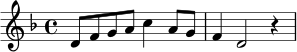 \relative c' {
\key d \minor
\time 4/4
d8 f g a c4 a8 g
f4 d2 r4
}