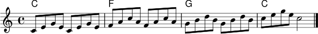 
<<
  \new ChordNames \chordmode {
    c1 f g c
  }
  \new Staff \relative c' {
    \key c \major
    \time 4/4
    c8 e g e c e g e | f a c a f a c a | g b d b g b d b | c e g e c2 \bar "|."
  }
>>
