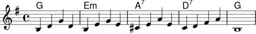 <<
\new ChordNames \chordmode { g1 e:m a:7 d:7 g1 }
\new Staff \relative c' {
\key g \major
\time 4/4
b4 d g d | b e g e | cis e a e | c d fis a | b,1
}
>>
