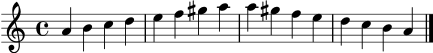 \version "2.22.0"
\language "deutsch"
\header { tagline = "" }
\score {
\new Staff \relative a' {
\clef treble
\key a \minor
\time 4/4
a4 h c d
e f gis a
a gis f e
d c h a
\bar "|."
}
\layout { }
\midi { \tempo 4 = 78 }
}