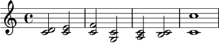 \version "2.24.0"
\paper { indent = 0\mm }
\header { tagline = ##f }
\score {
\new Staff \relative c' {
\clef treble
\key c \major
\time 4/4
<c d>2 <c e> | <c f> <c g> | <c a> <c b> | <c c'>1 |
}
\layout { }
\midi { \tempo 4 = 60 }
}