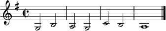 \relative c' { \key g \major \time 2/2 g2 b | a g | c b | a1 \bar "|." }