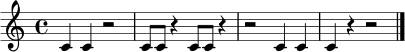 \version "2.22.0"
\paper { indent = 0 }
\score {
\new Staff {
\clef treble
\time 4/4
c'4 c'4 r2 |
c'8 c'8 r4 c'8 c'8 r4 |
r2 c'4 c'4 |
c'4 r4 r2 |
\bar "|."
}
\layout { }
\midi { \tempo 4 = 88 }
}