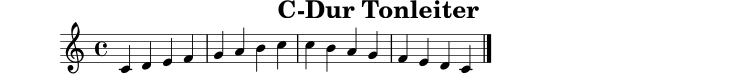 
X:1
T:C-Dur Tonleiter
M:4/4
L:1/4
K:C
C D E F | G A B c | c B A G | F E D C |]

