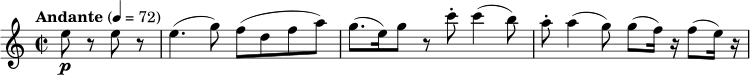 
\relative c'' {
  \key c \major
  \time 2/2
  \set Staff.midiInstrument = "string ensemble 1"
  \tempo "Andante" 4 = 72
  \partial 2 e8\p r8 e8 r8 |
  e4. (g8) f8 (d8 f8 a8) |
  g8. (e16) g8 r8 c8-. c4 (b8) |
  a8-. a4 (g8) g8 (f16) r16 f8 (e16) r16 |
}
