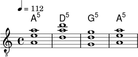<<
\new ChordNames \chordmode {
a1:5 | d1:5 | g1:5 | a1:5 |
}
\new Staff \relative c' {
\clef "treble_8"
\time 4/4
\tempo 4 = 112
<a e' a>1 |
<d a' d>1 |
<g, d' g>1 |
<a e' a>1 |
}
>>