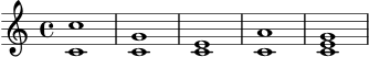\version "2.24.0"
\header { tagline = ##f }
\score {
\new Staff \relative c' {
\clef treble
<c c'>1
<c g'>1
<c e>1
<c a'>1
<c e g>1
}
\layout { }
\midi { \tempo 4 = 64 }
}