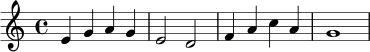 \relative c' {
\key c \major
\time 4/4
e4 g a g | e2 d | f4 a c a | g1 |
}