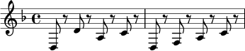 \relative c {
\key d \minor
\time 4/4
d8 r8 d'8 r8 a8 r8 c8 r8 |
d,8 r8 f8 r8 a8 r8 c8 r8 |
}
