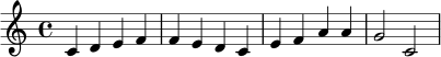 \relative c' { \clef treble \key c \major \time 4/4 c4 d e f | f e d c | e f a a | g2 c,2 }