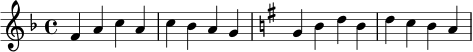 \relative c' {
\time 4/4
\key f \major
f4 a c a | c bes a g |
\key g \major
g4 b d b | d c b a |
}