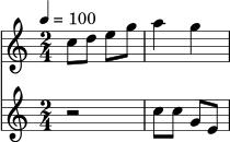 \version "2.22.0"
\score {
<<
\new Staff \with { midiInstrument = "clarinet" } \relative c'' {
\time 2/4 \tempo 4=100
c8 d e g | a4 g |
}
\new Staff \with { midiInstrument = "trumpet" } \relative c'' {
r2 | c8 c g e |
}
>>
\layout {}
\midi {}
}
