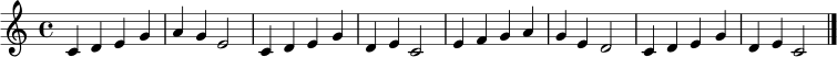 \relative c' {
\clef treble
\key c \major
\time 4/4
c4 d e g | a4 g e2 | c4 d e g | d4 e c2 |
e4 f g a | g4 e d2 | c4 d e g | d4 e c2 \bar "|."
}