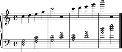 \new PianoStaff <<
\new Staff \relative c'' { \key c \major \time 4/4 c4 d e g | c2 r2 | c4 d e g | c2 r2 \bar "|." }
\new Staff \relative c { \clef bass <c e g>2 <f a c> | <g b d> <c e g> | <a c e> <d f a> | <g b d> <c e g> \bar "|." }
>>