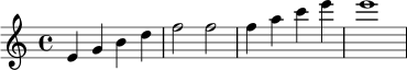 \relative c' { \clef treble \time 4/4 e4 g b d | f2 f | f4 a c e | e1 }